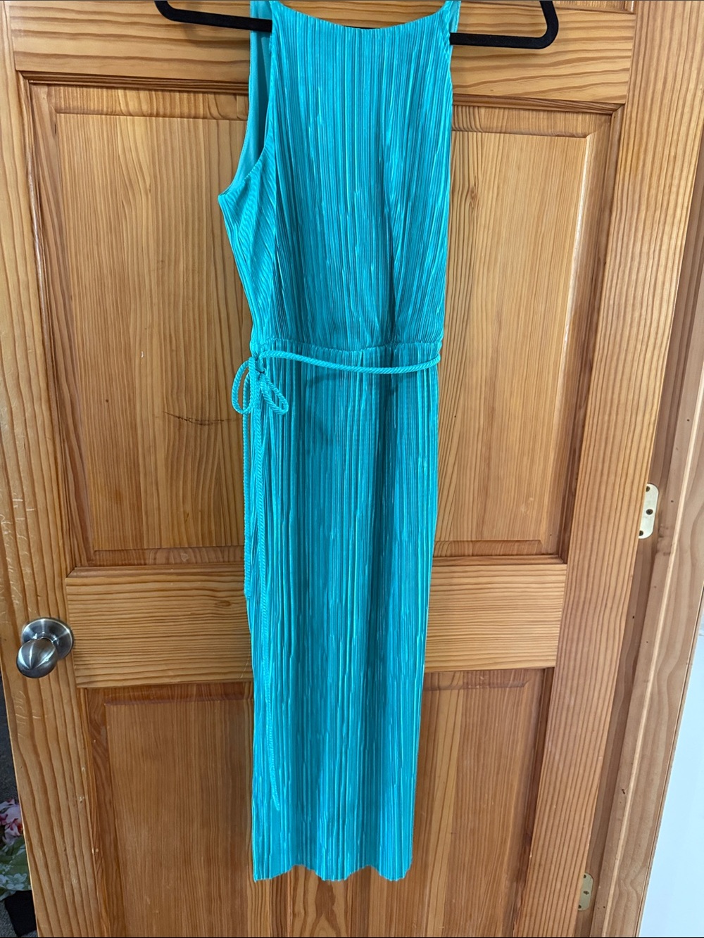 New York & Company Turquoise Pleated Midi Dress with Self-Tie Waist